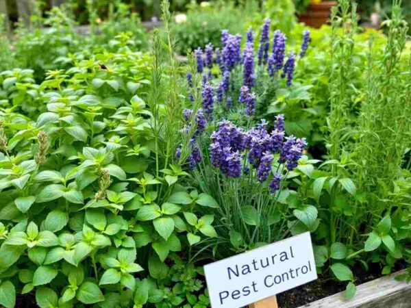A herb garden featuring basil, rosemary, lavender, mint, and chives growing side by side. These herbs are known to repel pests naturally when planted together.