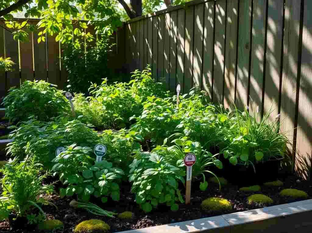 Shaded backyard herb garden with parsley, mint, cilantro, and chives growing in clusters.