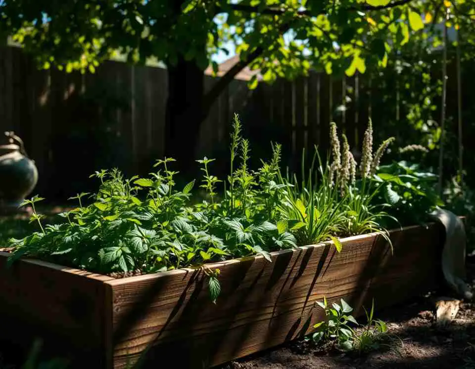A raised garden bed with mint, parsley, chives, and lemon balm growing together in a raised wooden garden bed under dappled sunlight in a shady backyard.