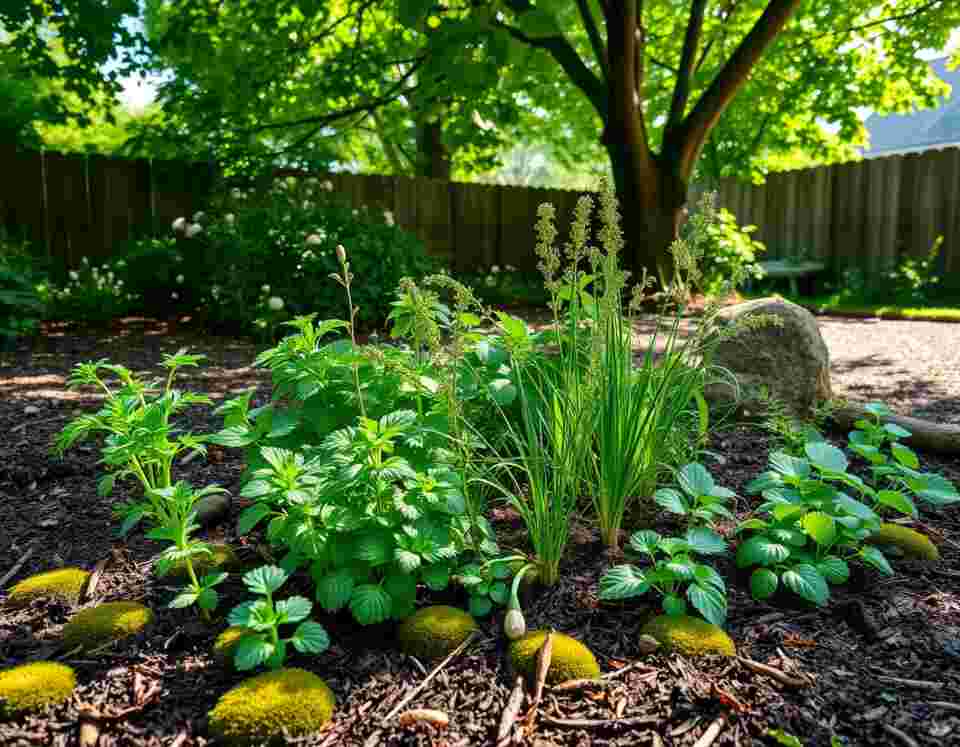 A backyard herb garden planted directly in the soil with mint, parsley, chives, lemon balm, and cilantro growing in soft shade beneath leafy trees.