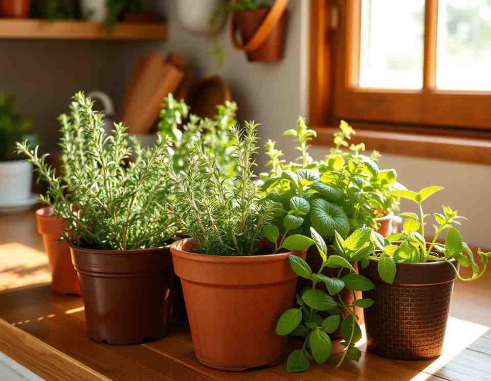 Pots of cat-safe herbs including mint, thyme, rosemary, and catnip arranged on a wooden counter in natural light.