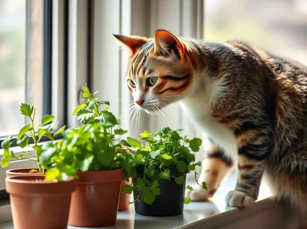 A healthy tabby cat sniffing potted herbs like basil, catnip, and parsley on a sunny kitchen windowsill. The herbs are labeled and safe for cats.