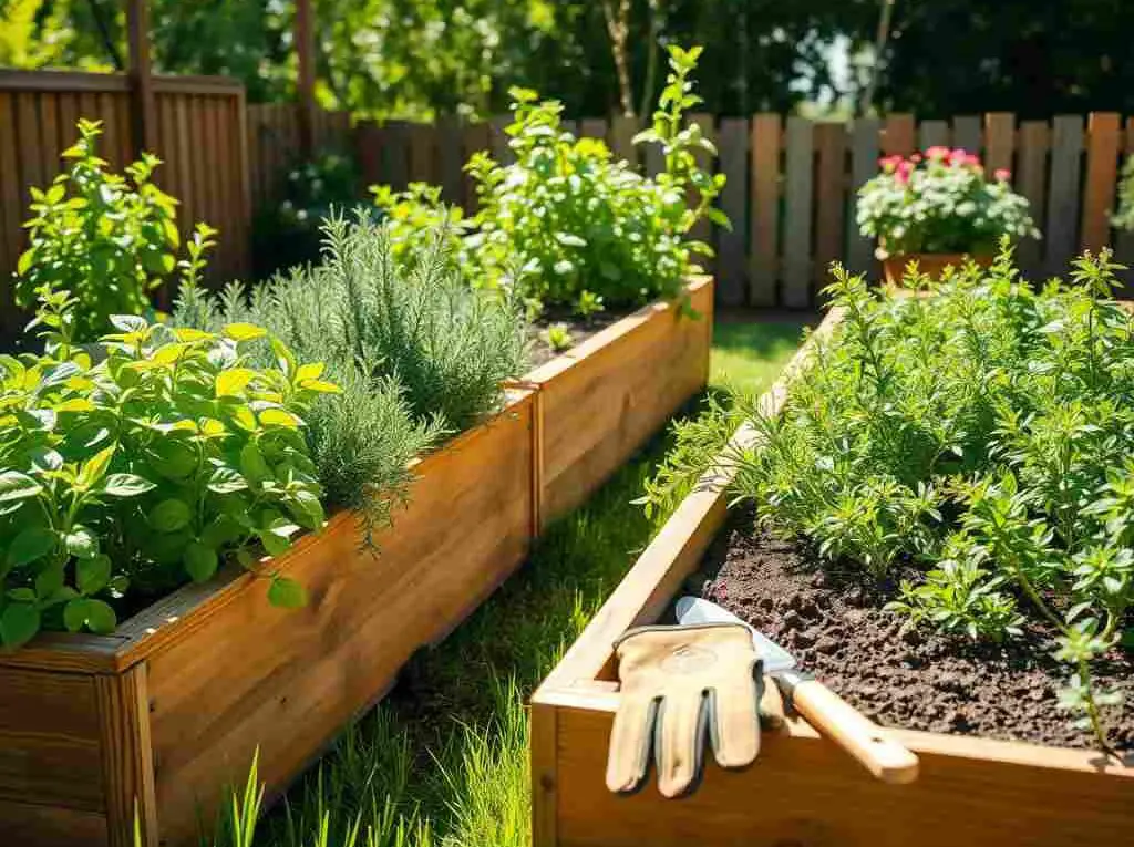 A small outdoor herb garden with basil, rosemary, thyme, and mint growing in raised wooden planters under soft morning sunlight.