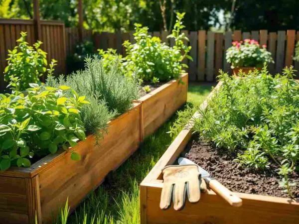 A small outdoor herb garden with basil, rosemary, thyme, and mint growing in raised wooden planters under soft morning sunlight.