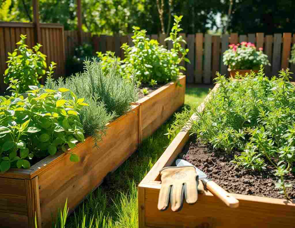 A small outdoor herb garden with basil, rosemary, thyme, and mint growing in raised wooden planters under soft morning sunlight.