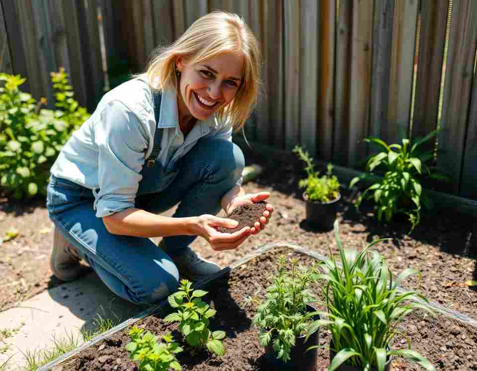 An outdoor herb bed in full sunlight with labeled sections for basil, parsley, and mint, showing ideal planting conditions.