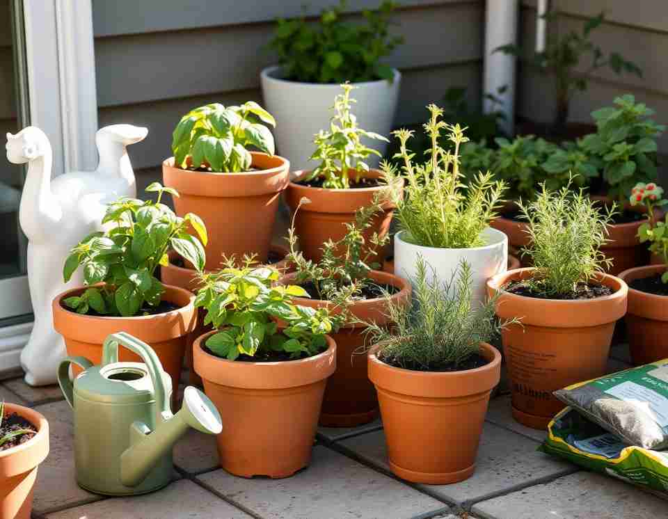 A sunny patio with terra cotta pots holding healthy thyme, chives, and rosemary plants in a neat, container herb garden setup.