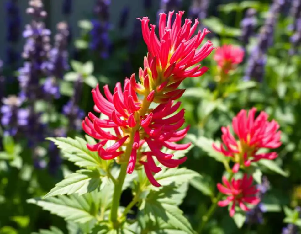 A Bee Balm plant growing in a garden.