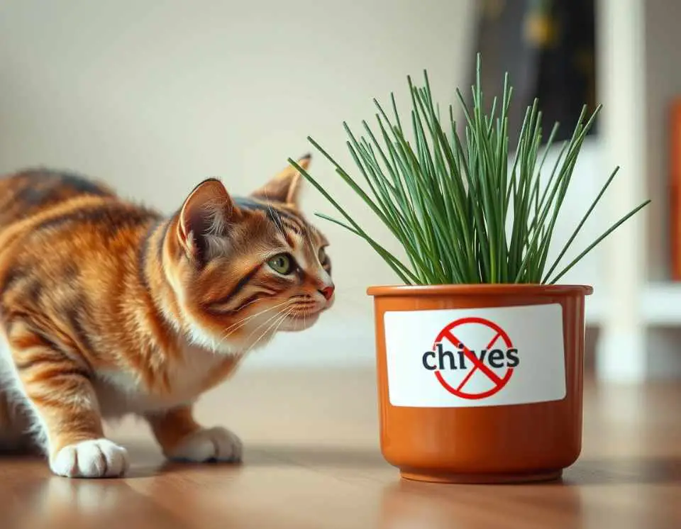 A curious cat approaching a potted chives plant marked with a red warning symbol. Chives are unsafe for cats.
