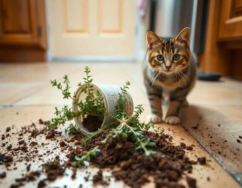 A tipped-over oregano plant on a kitchen floor with spilled soil and a curious cat nearby. Shows why herbs shouldn't be left within reach.