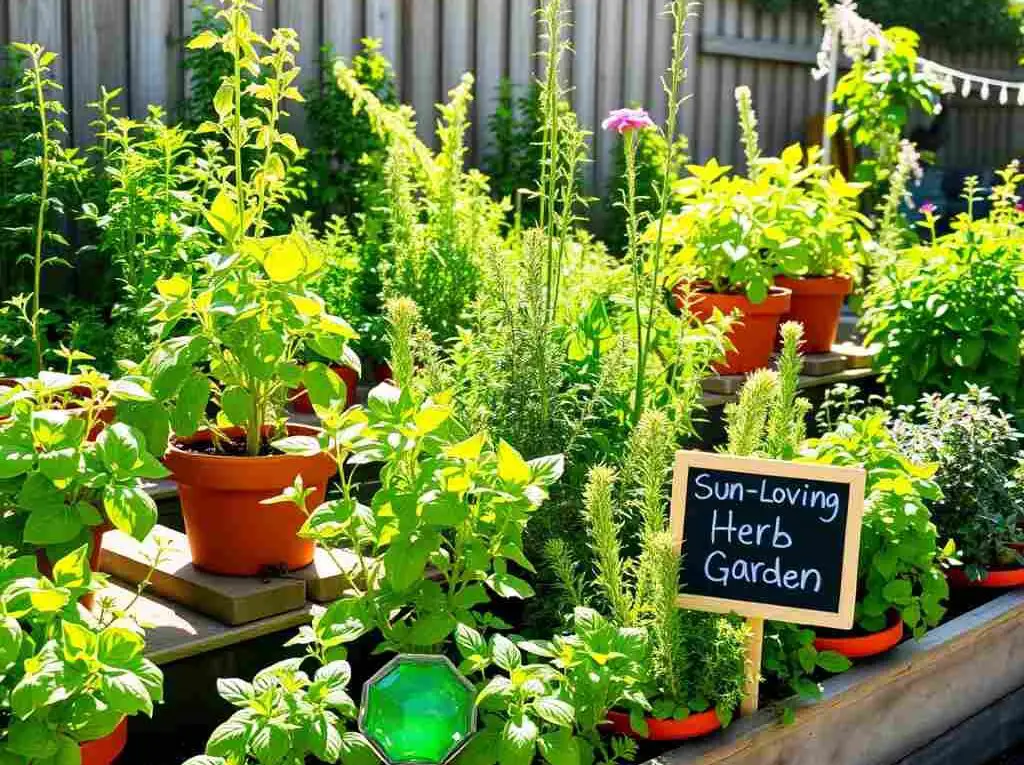 Raised garden beds and terracotta pots filled with sun-loving herbs like basil, rosemary, thyme, and oregano, bathed in warm afternoon sunlight in a backyard setting.