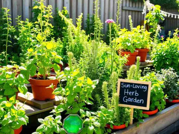 Raised garden beds and terracotta pots filled with sun-loving herbs like basil, rosemary, thyme, and oregano, bathed in warm afternoon sunlight in a backyard setting.