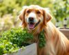 A Golden retriever standing near a raised backyard herb garden.