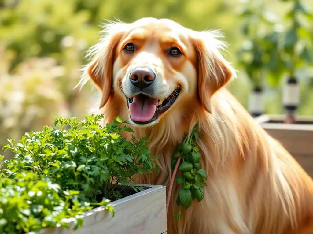 A Golden retriever standing near a raised backyard herb garden.