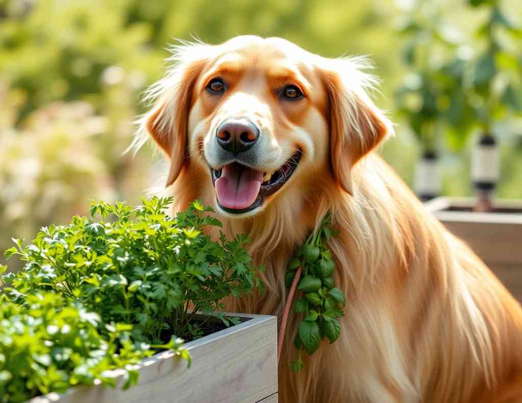 Which Herbs Are Safe for Dogs? A Guide for Pet Owners! A Golden retriever standing near a raised backyard herb garden.