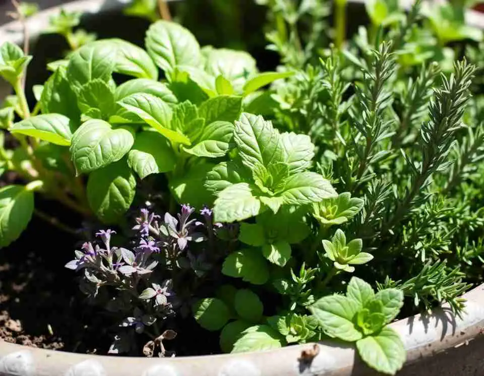 Close-up of basil, oregano, rosemary, and thyme growing side by side in a sunny raised bed with rich soil and full sun exposure.