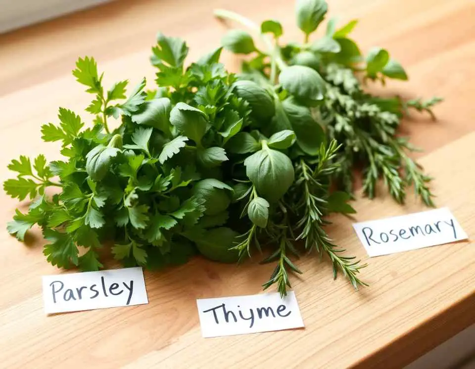 Close-up of parsley, basil, thyme, and rosemary on a wooden counter in natural light, showing safe herbs for dogs.