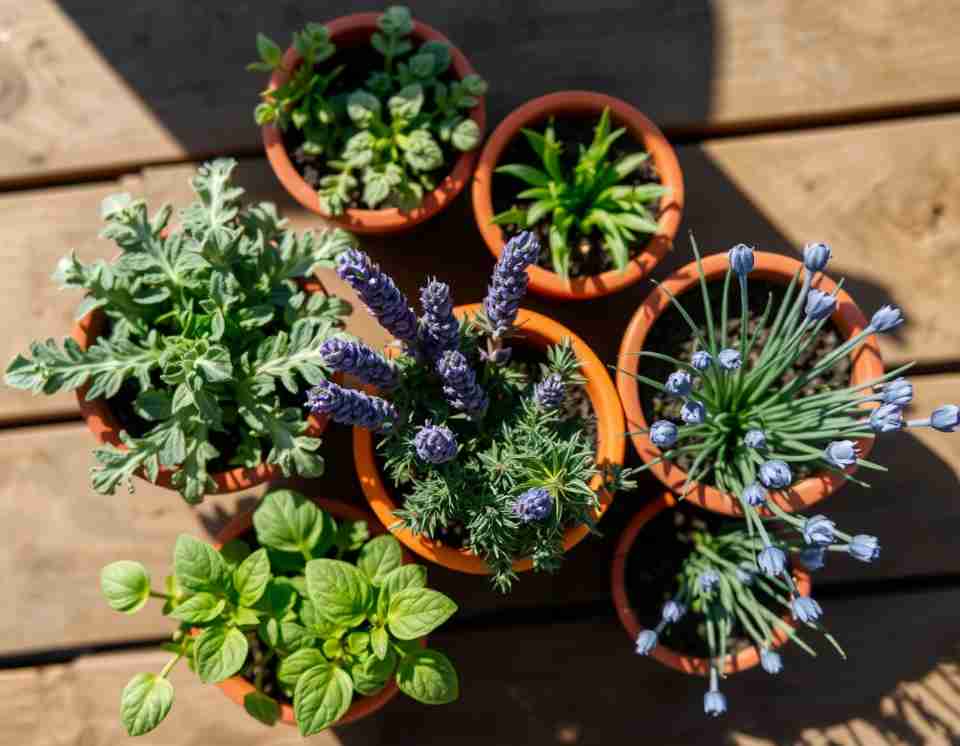 Overhead view of small terracotta pots containing sage, lavender, and chives arranged neatly on a sunlit wooden patio.