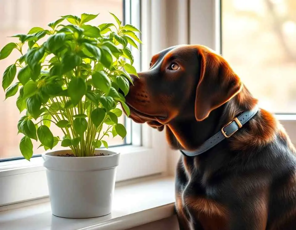 Labrador sniffing a basil plant on a windowsill in soft morning light, showing a calm dog interacting with a safe herb.