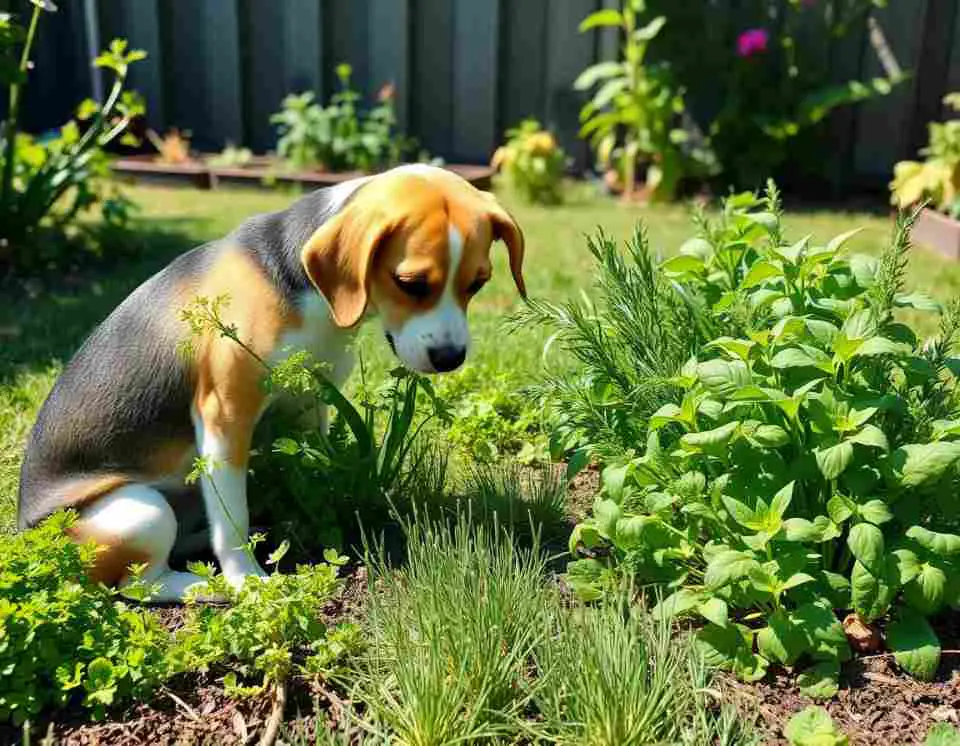 Small dog in a backyard garden near healthy herbs like parsley and basil, with garlic and mint in the background.