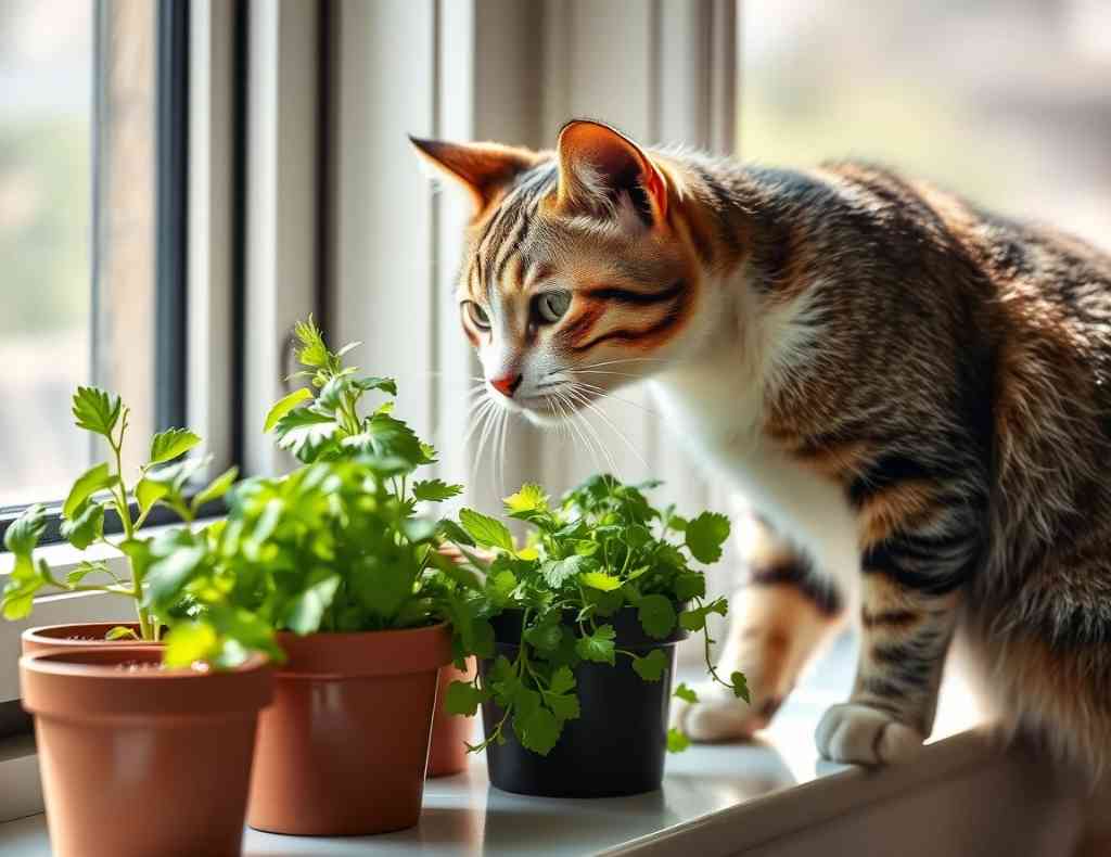 A healthy tabby cat sniffing potted herbs like basil, catnip, and parsley on a sunny kitchen windowsill. The herbs are labeled and safe for cats.