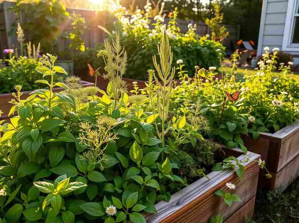 A lush backyard herb garden in late summer with basil, dill, chives, and cilantro growing in raised wooden beds under warm sunlight